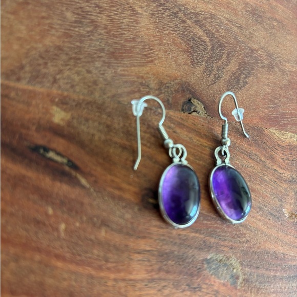 925 Sterling Silver Natural Dangle Amethyst Oval Gemstone Earrings Boho - Picture 5 of 7